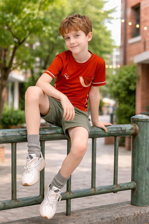 Boy sitting on railing