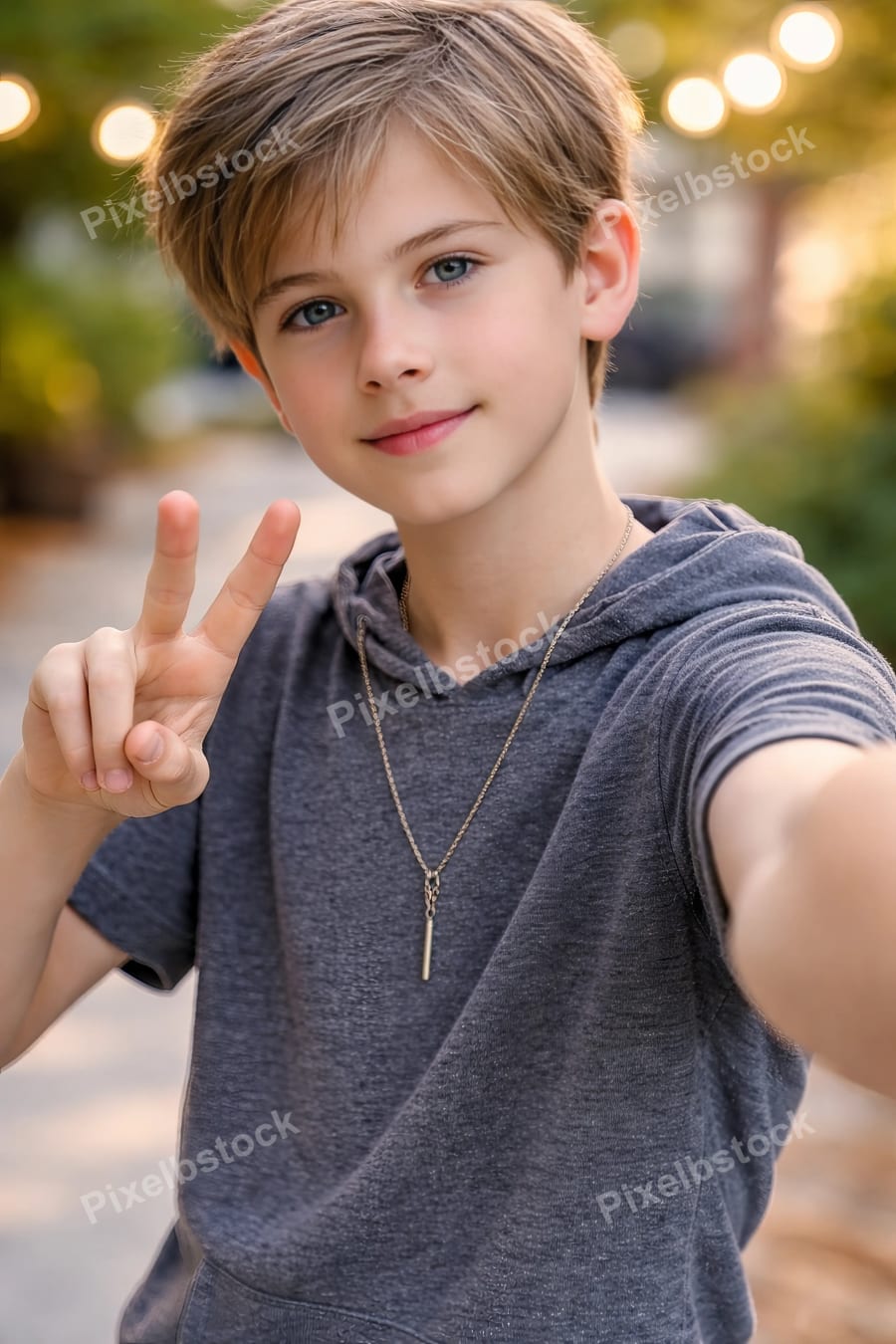 Boy making peace sign