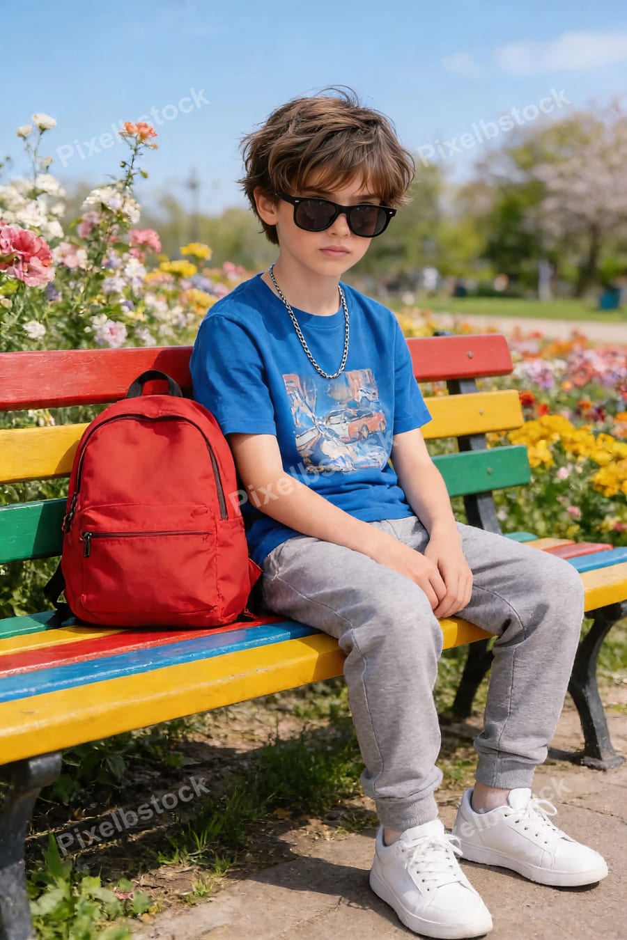 Boy sitting on colorful bench