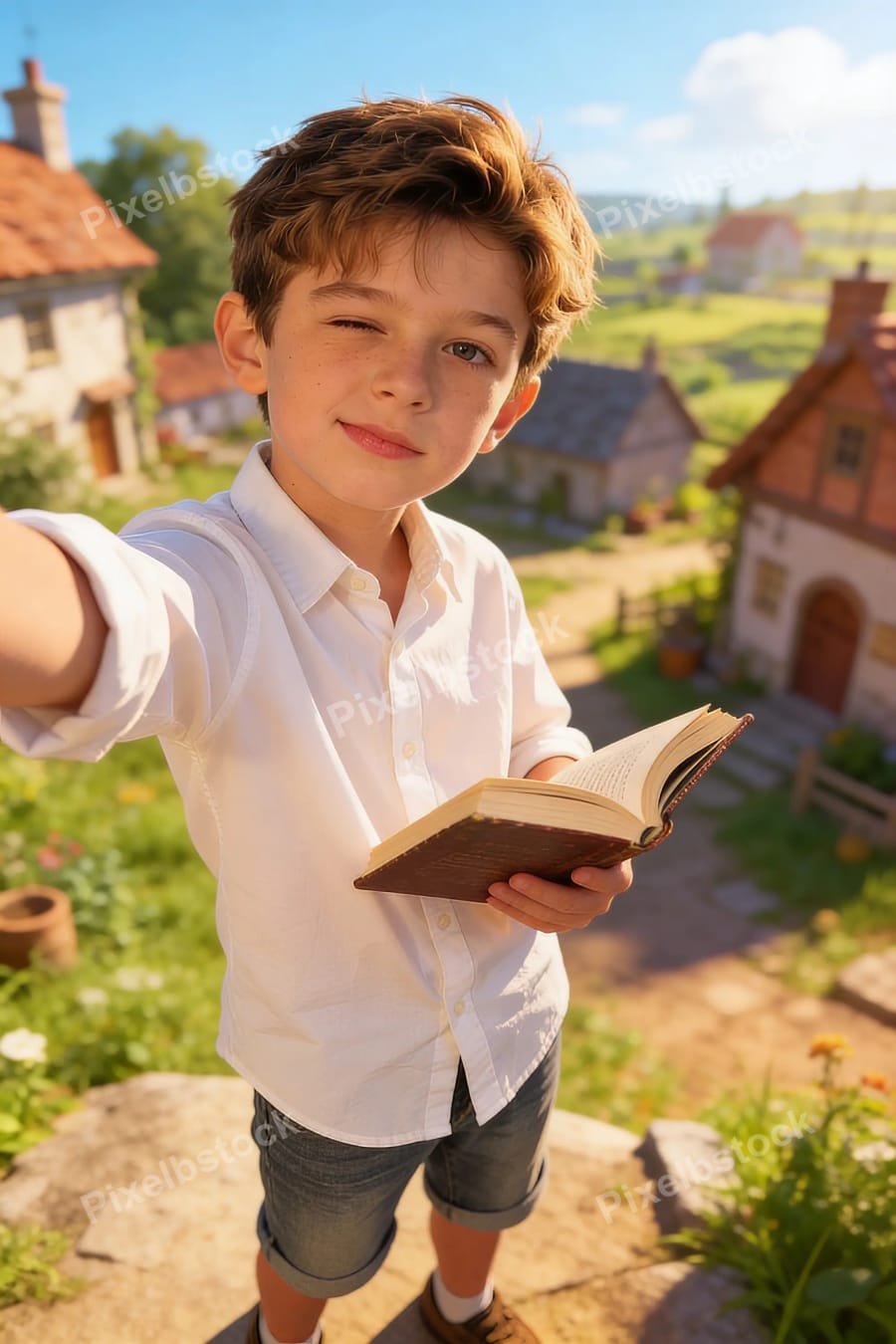 Winking boy taking selfie with book
