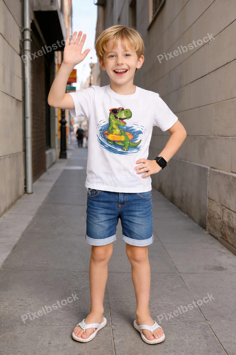 Boy waving near wall