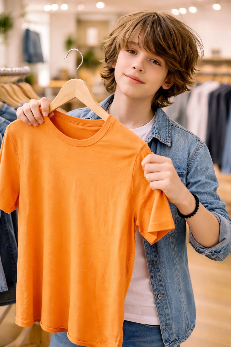 Boy holding orange tshirt stock photo