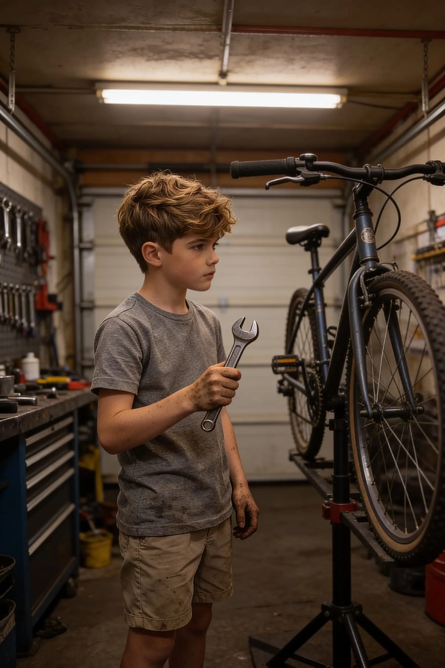 Boy fixing bicycle stock photo