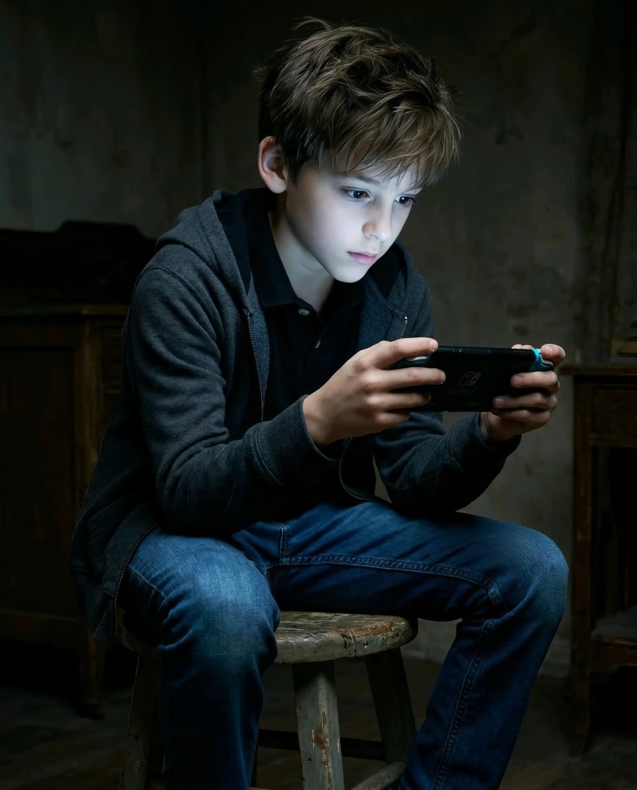 Boy using smartphone in dark stock photo