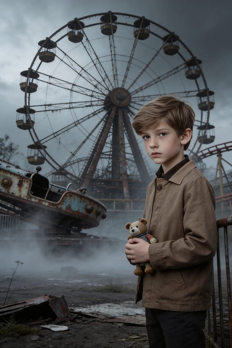 Boy in abandoned amusement park stock photo