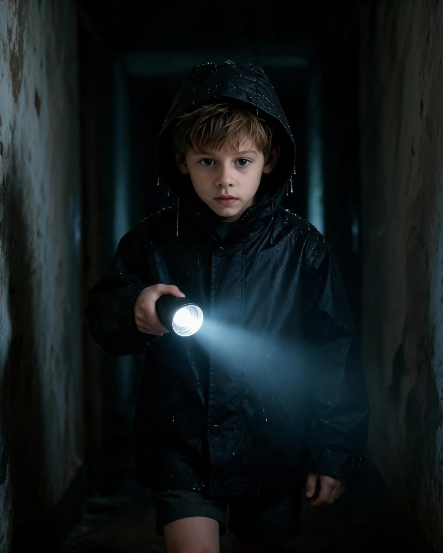 Boy with flashlight in tunnel stock photo