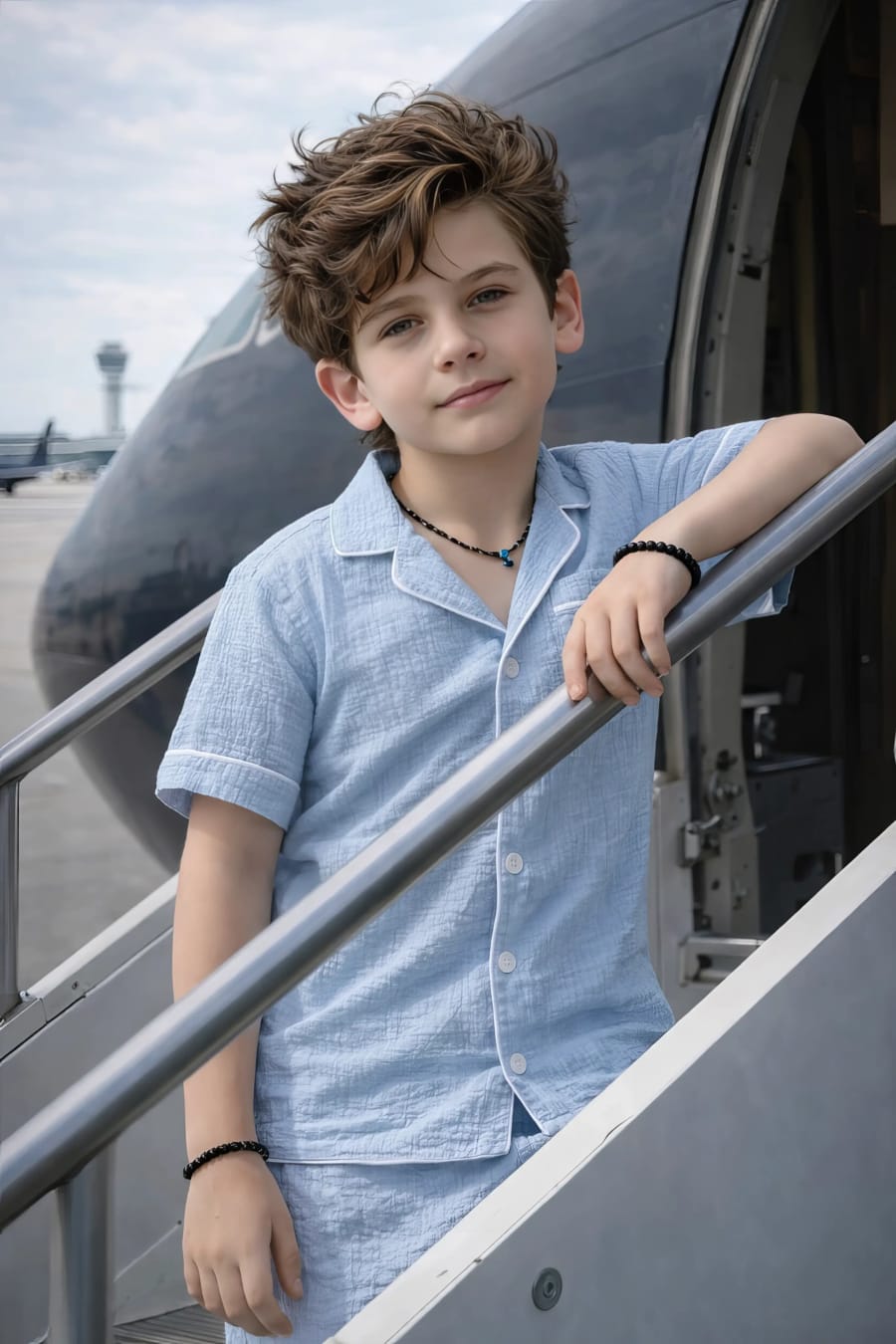 Young Boy in Pajamas Standing on Airplane Boarding Stairs stock photo