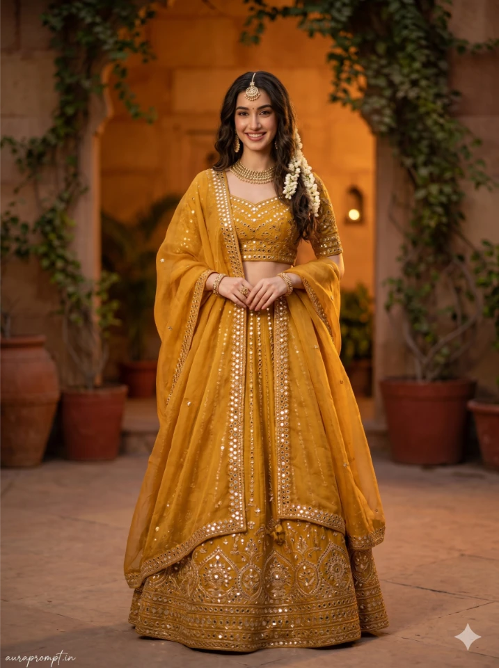 Mustard Yellow Lehenga in an Open Courtyard at Dusk