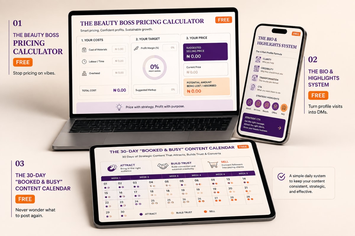 The three free tools: the Beauty Boss Pricing Calculator showing cost, margin and suggested selling price on a laptop; the Bio and Highlights System four-part profile formula on a phone; and the 30-Day Booked and Busy Content Calendar colour-coded by Attract, Build Trust and Sell on a tablet.