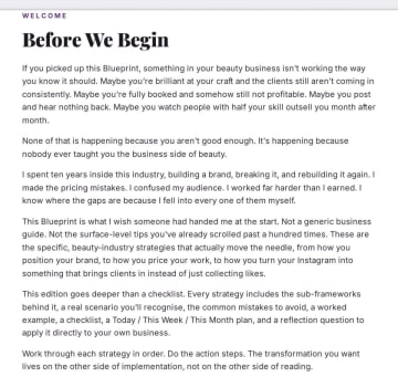Beauty Boss Blueprint welcome page from founder Mfoniso Nyong