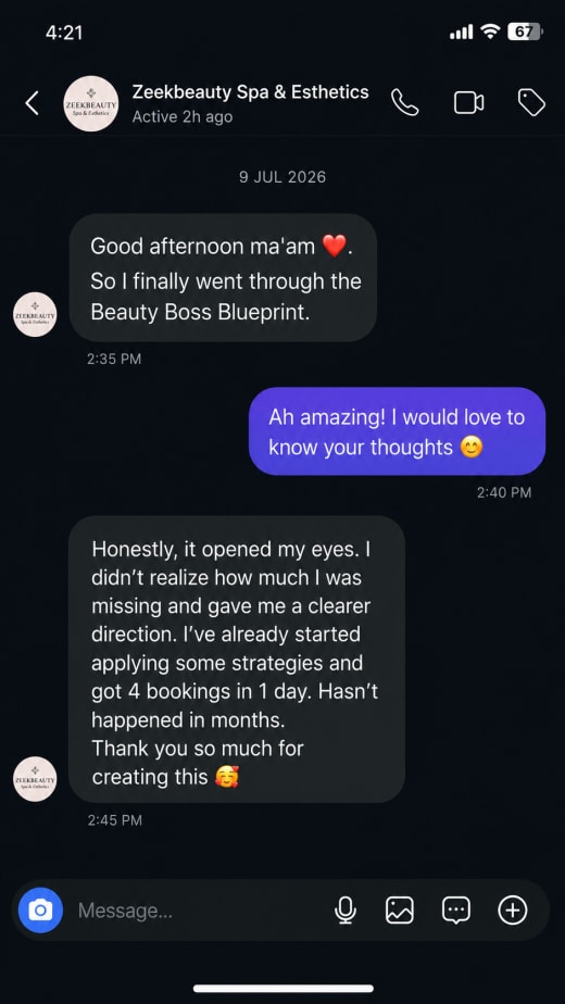 WhatsApp message from Zeekbeauty Spa & Esthetics after using the Beauty Boss Blueprint