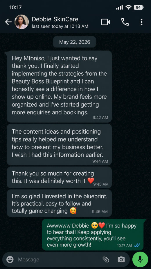 WhatsApp message from Debbie SkinCare after using the Beauty Boss Blueprint