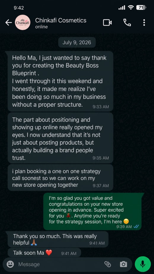 WhatsApp message from Chinkafi Cosmetics after using the Beauty Boss Blueprint