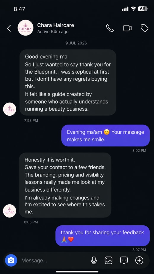 Message from a Beauty Boss Blueprint buyer sharing their results