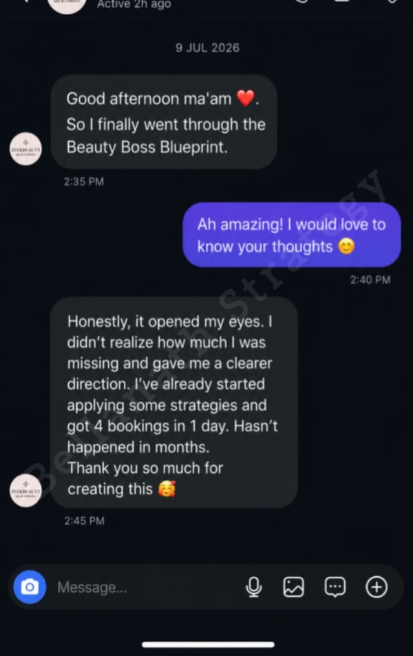 Instagram message from a spa and aesthetics owner saying the Blueprint opened her eyes, gave her clearer direction, and that she has already started applying some of the strategies.