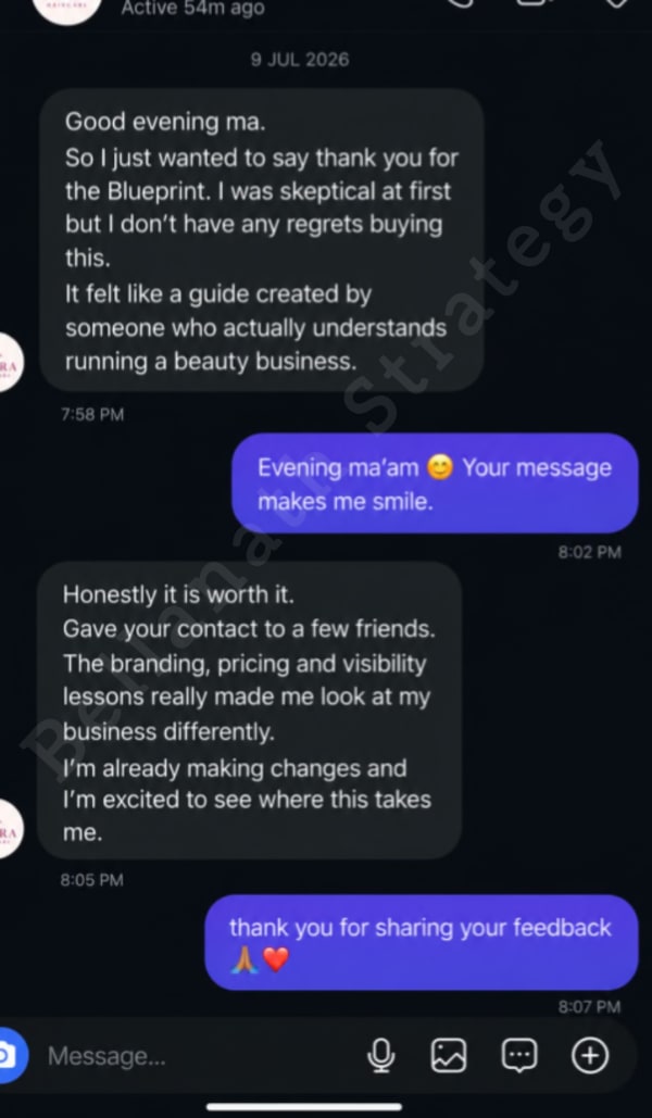 Instagram message from a haircare brand owner saying she was sceptical at first but has no regrets, and the branding, pricing and visibility lessons made her look at her business differently.