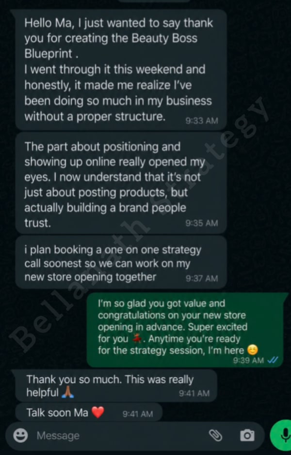 WhatsApp message from a customer saying the Blueprint made her realise she had been working without proper structure, and that the positioning section changed how she thinks about showing up online.