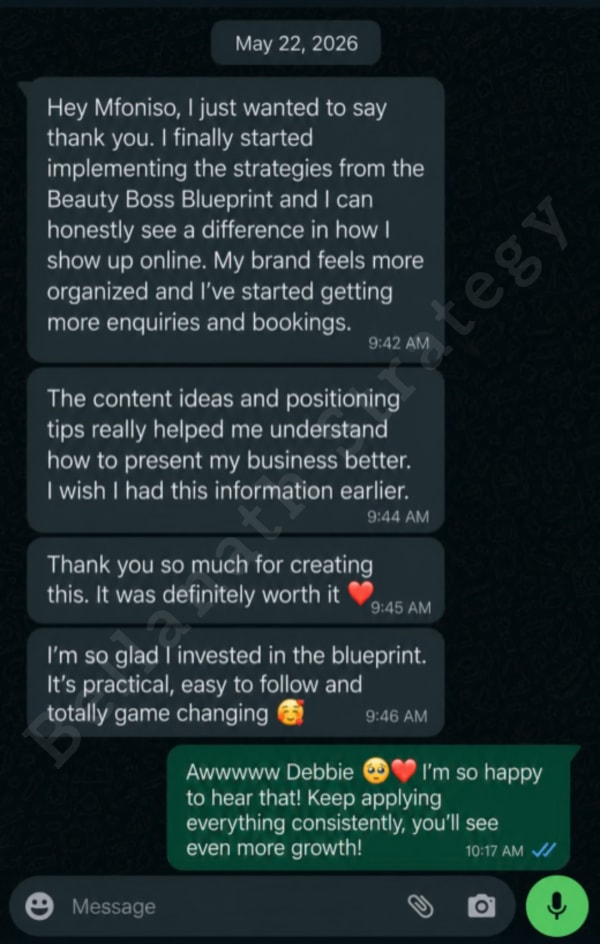 WhatsApp message from Debbie saying she started implementing the Beauty Boss Blueprint strategies, her brand feels more organised, and she has started getting more enquiries and bookings.