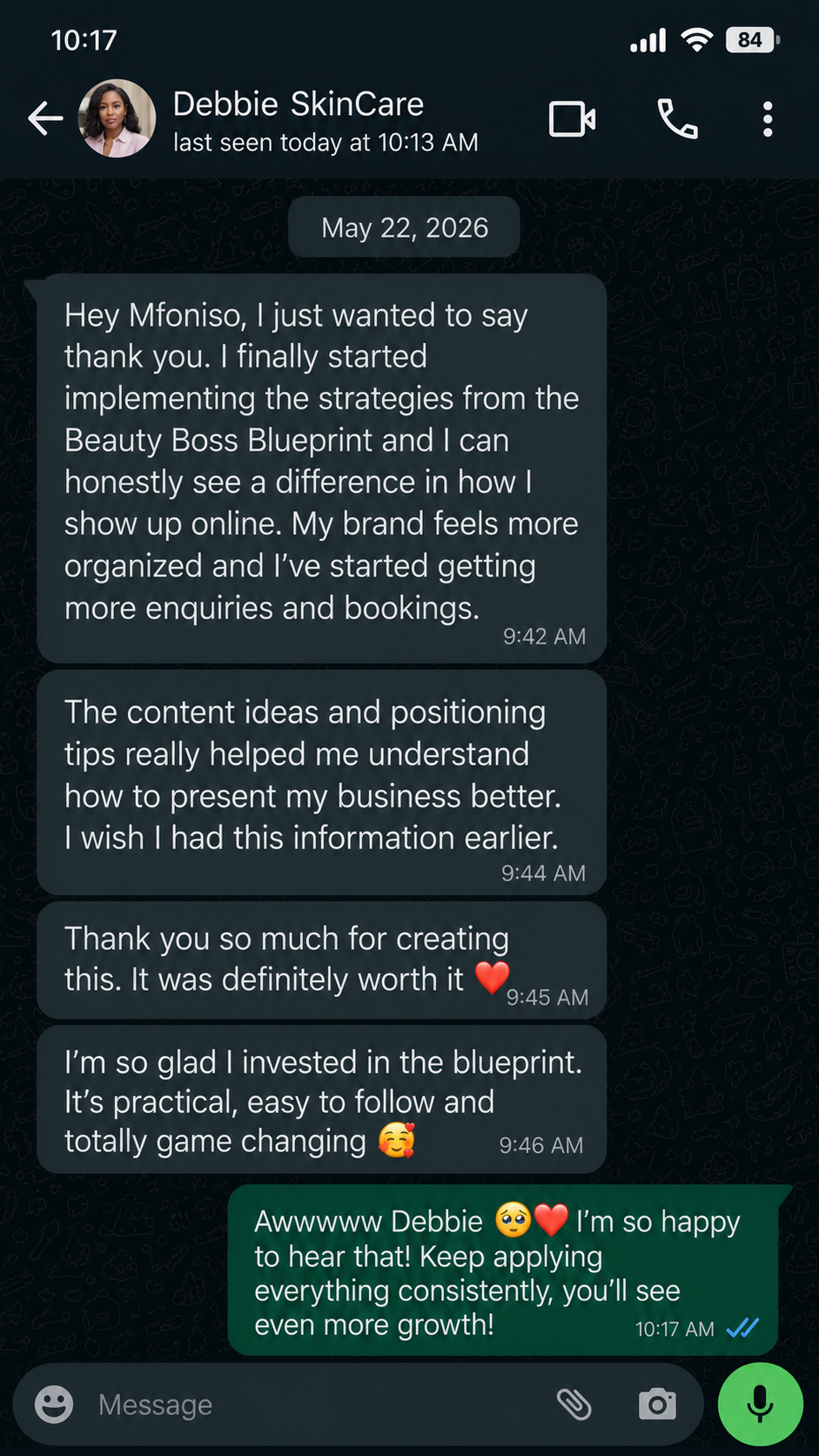 WhatsApp message from Debbie SkinCare after using the Beauty Boss Blueprint