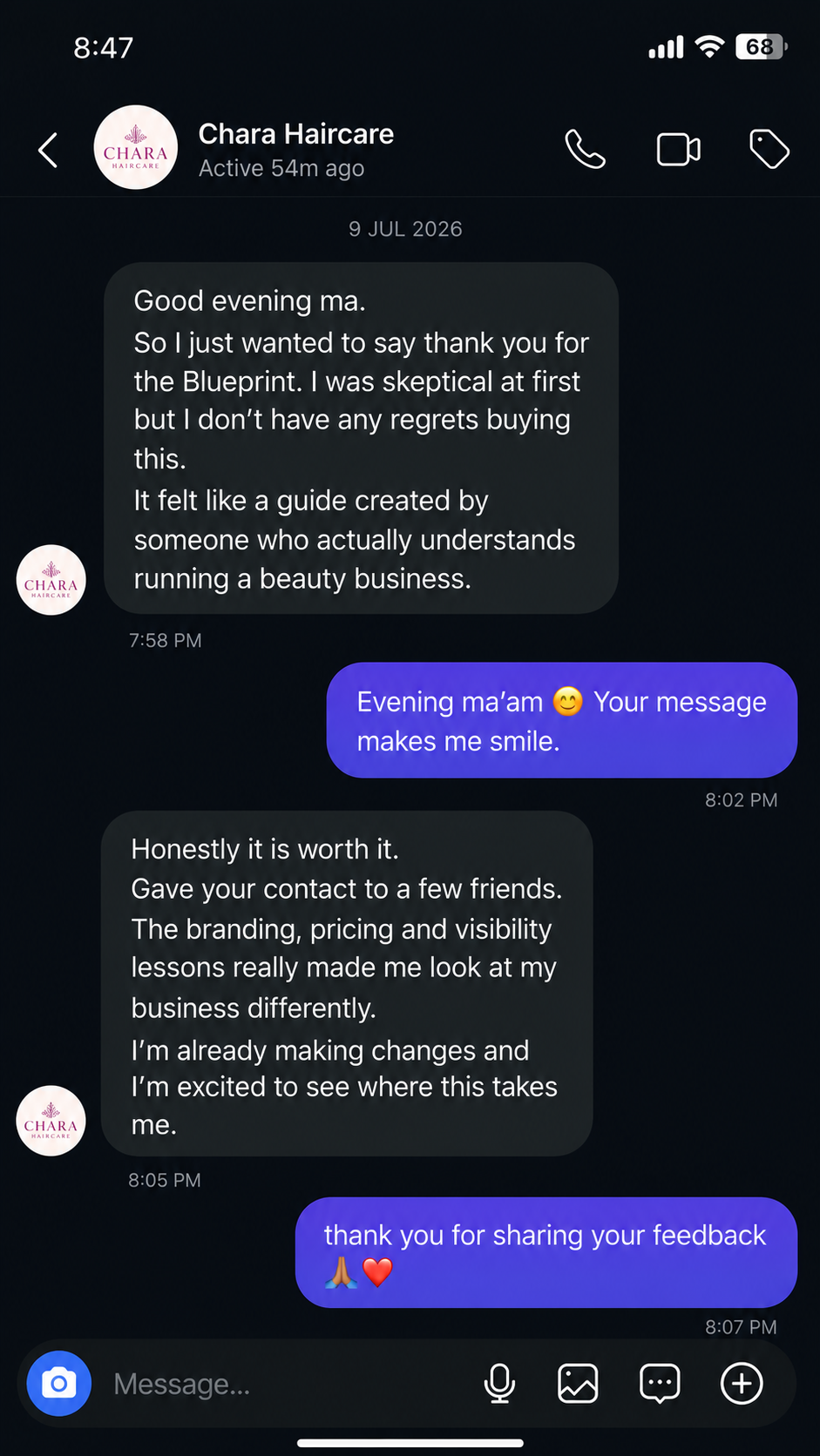 Message from a Beauty Boss Blueprint buyer sharing their results