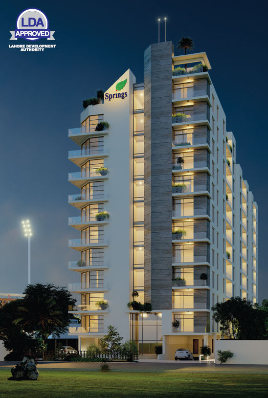 Springs Gulberg Building Night View with LDA Approvel Logo