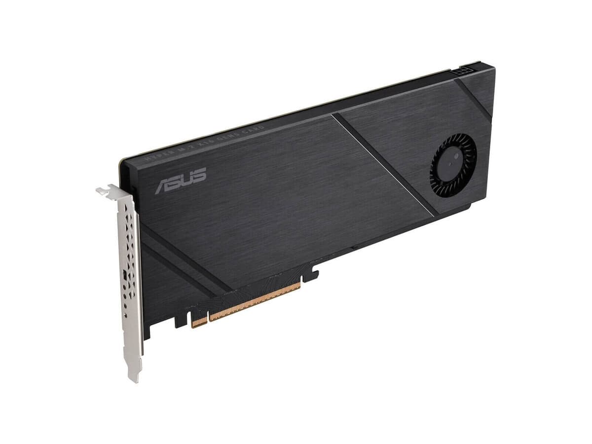 Hyper M.2 x16 Gen5 Card (PCIe 5.0/4.0) supports up to four NVMe M.2 (2242/2260/2280/22110) devices at up to 512 Gbps for RAID