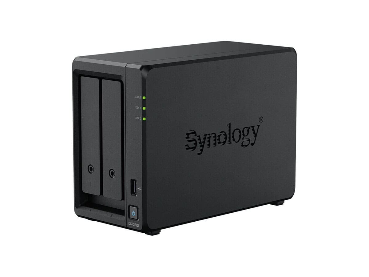 Synology DS725+ 2 Bay NAS AMD Ryzen R1600 2C CPU 4 GB DDR4 ECC SODIMM (2 RAM slots) 1 x RJ-45 1GbE 1 x RJ-45 2.5GbE