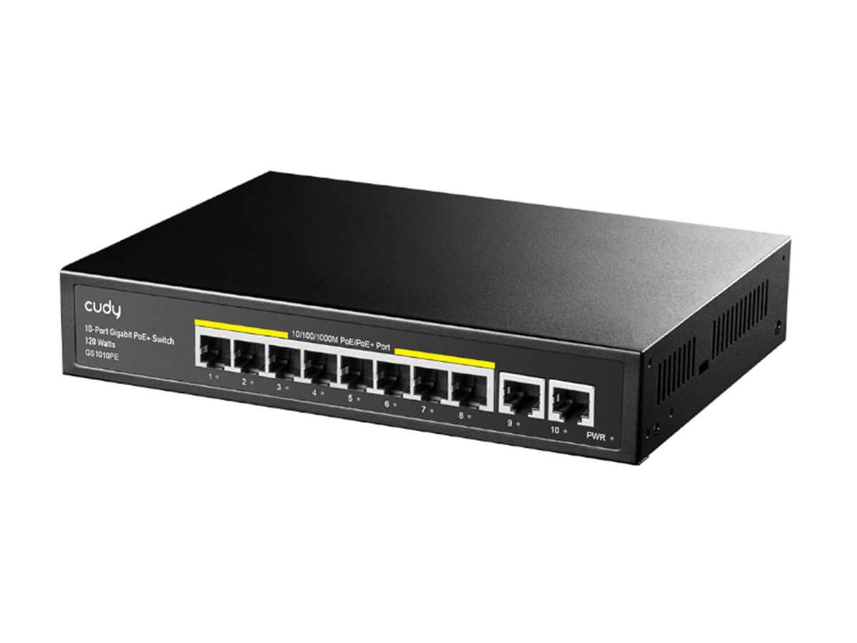 10-Port 10/100/1000Mbps Unmanaged Gigabit Long Range PoE Switch (8x PoE ports + 2x uplink ports) 96 Watts PoE budget; Max distan