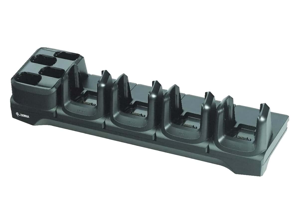 Four-slot charge-only cradle for MC3300 / MC3300x / MC3300ax; MC3400 / MC3450 devices and their four spare batteries. Sold separ