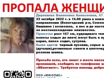 Вологжан просят помочь в поиске 57-летней женщины