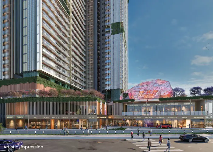 Modern architectural design of Towin Tower with retail spaces and landscaped areas.