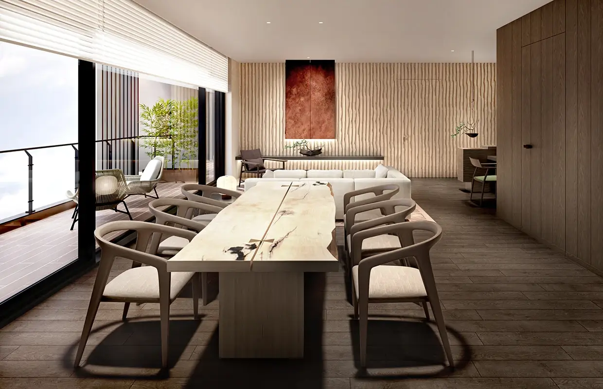 Modern dining area with a large wooden table and stylish chairs, featuring large windows and wooden accents.