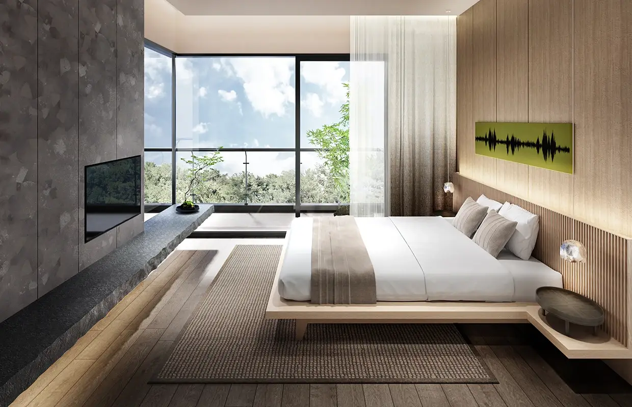 Modern master bedroom with large windows, wooden flooring, and minimalist decor.