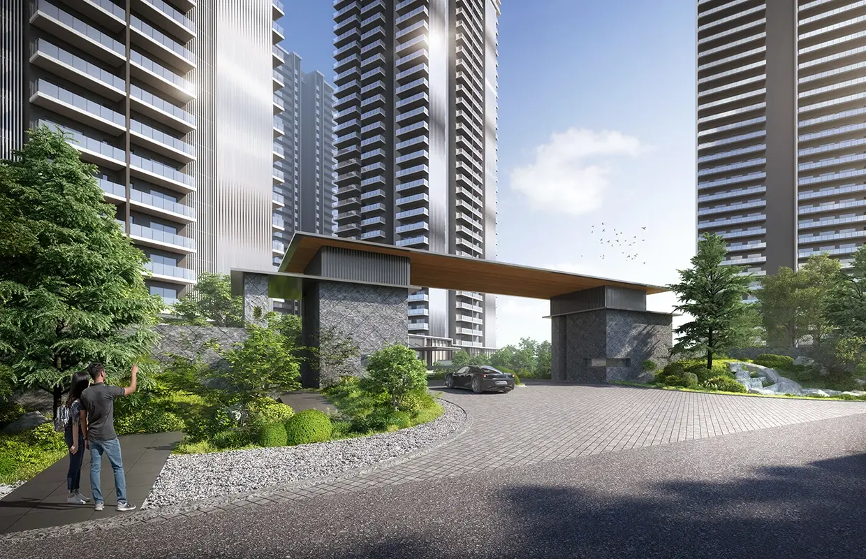 Modern residential towers with a landscaped entrance and a couple walking, surrounded by greenery.