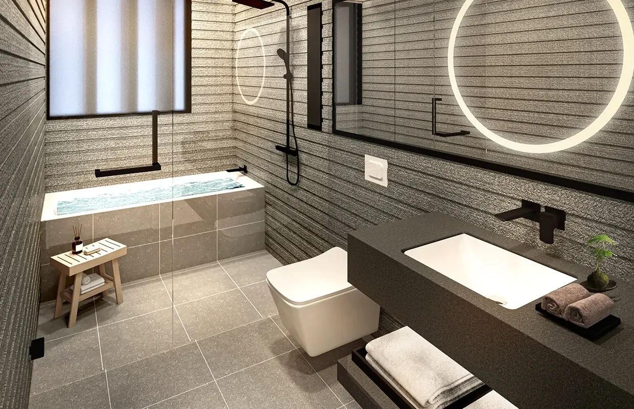 Stylish bathroom featuring a bathtub, shower, sink, and textured gray walls.