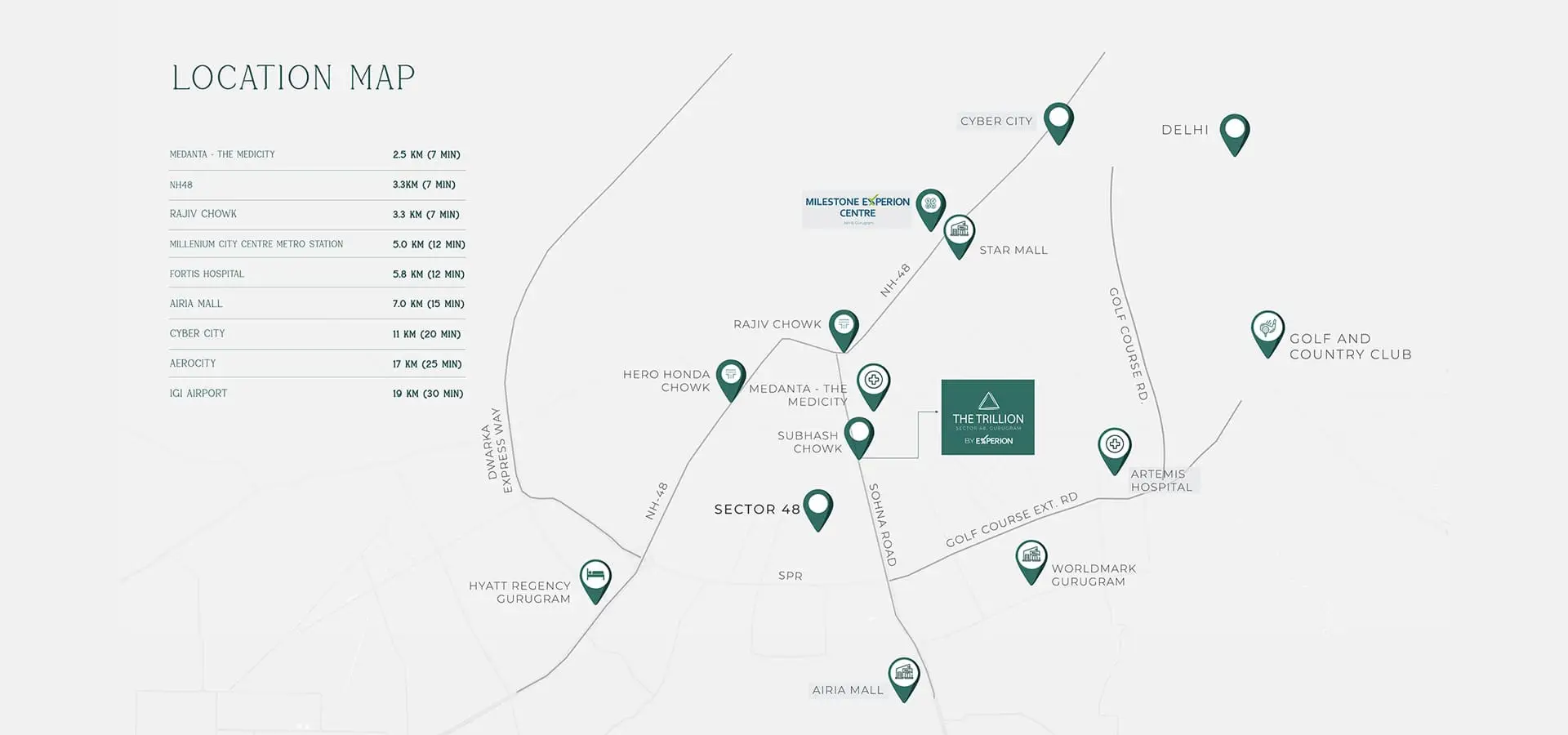 Map showing nearby landmarks and distances to The Trillion, including malls and hospitals.