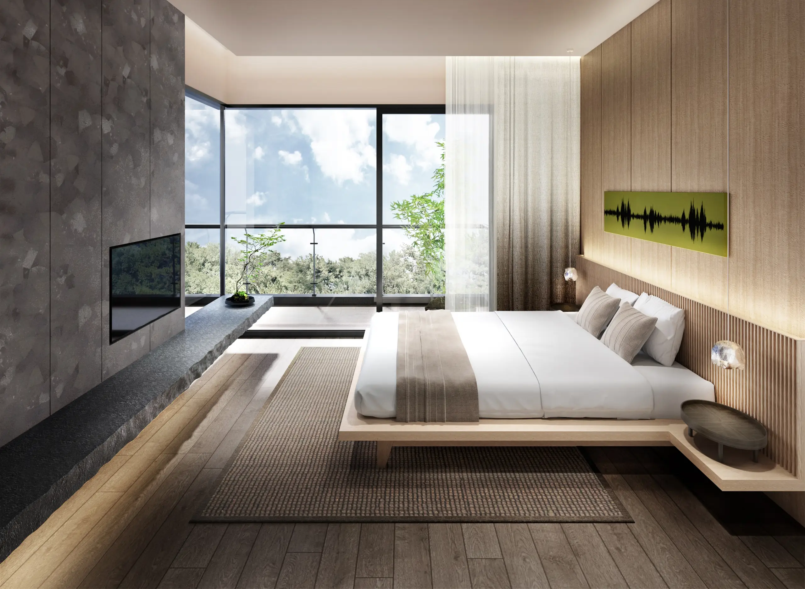Modern master bedroom featuring a large bed, wooden accents, and floor-to-ceiling windows.
