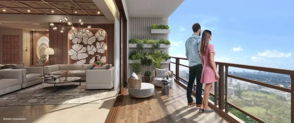 Couple standing on balcony overlooking city, stylish living room with floral decor and plants.