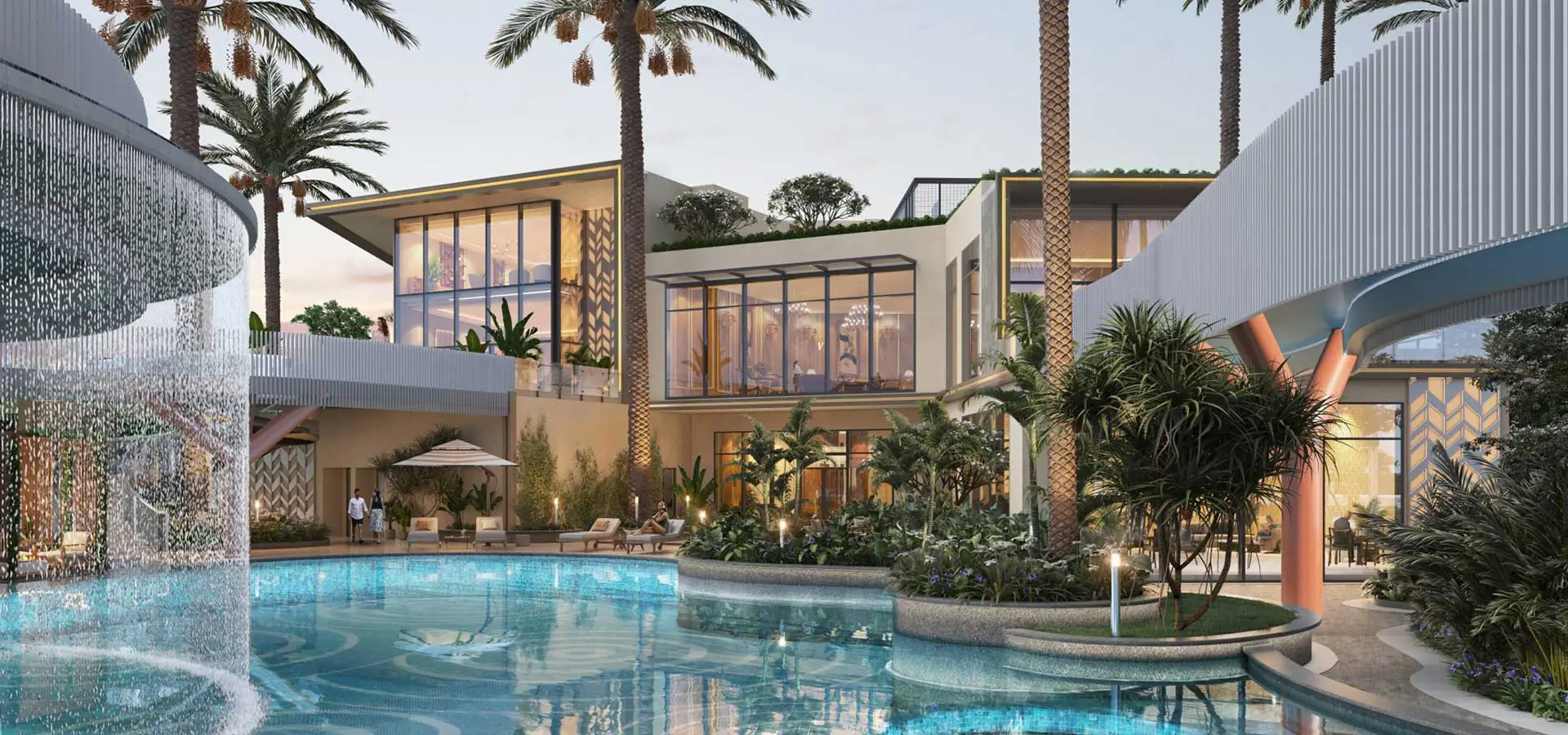 A modern building with large windows surrounded by palm trees and a swimming pool.