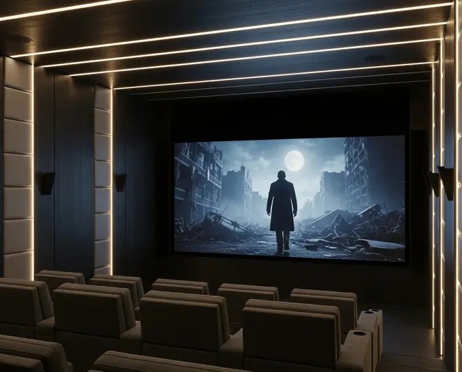 Interior of a private theatre with sleek seating and a large screen displaying a dramatic scene.