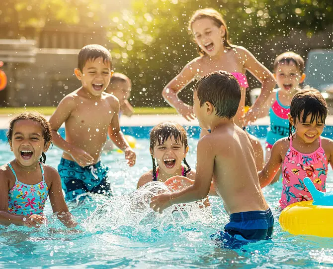Group of children playing joyfully in a swimming pool, splashing water and laughing.