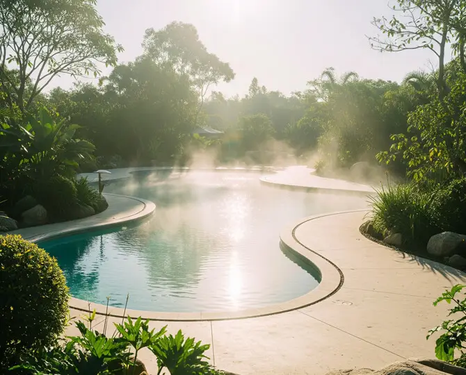 Serene outdoor pool surrounded by lush greenery and mist in the morning light.