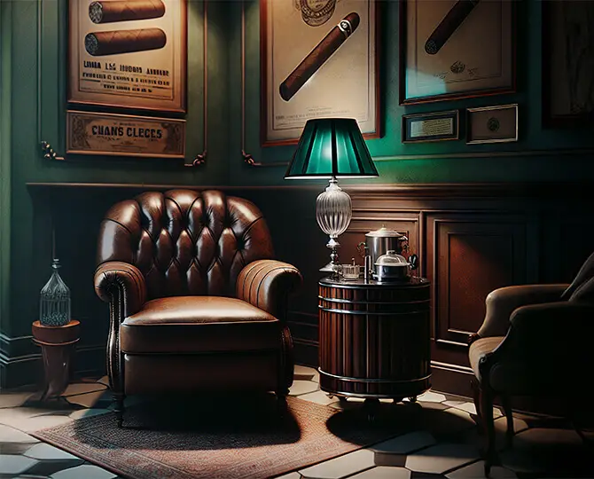 Cozy leather armchair beside a wooden table with a lamp and cigar-related decor on the walls.