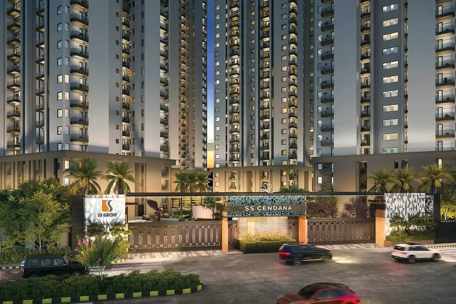 Modern residential building with multiple floors, entrance gate, palm trees, and parked cars.