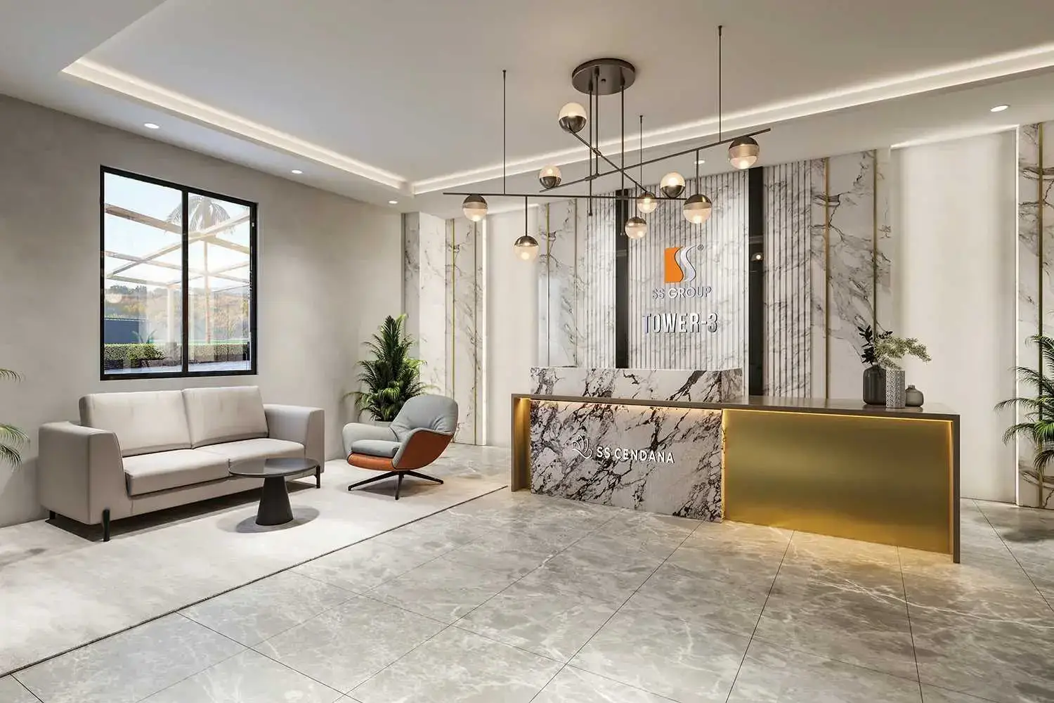 Modern lobby with marble reception desk, seating area, and large windows for natural light.