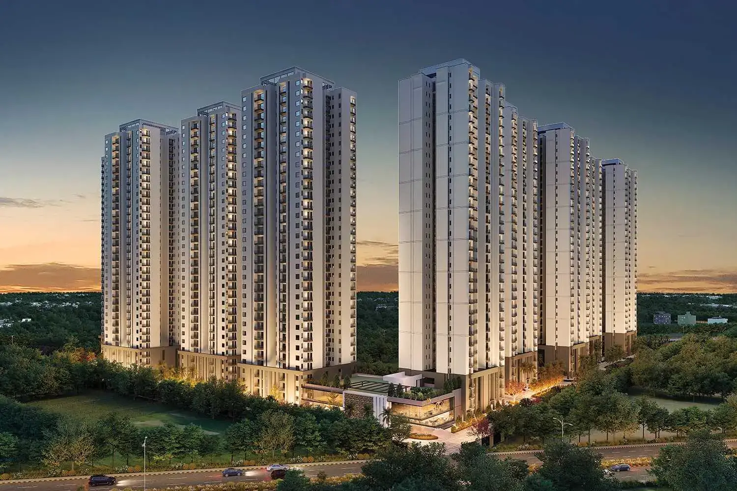 Five tall residential buildings with balconies, surrounded by greenery at dusk.