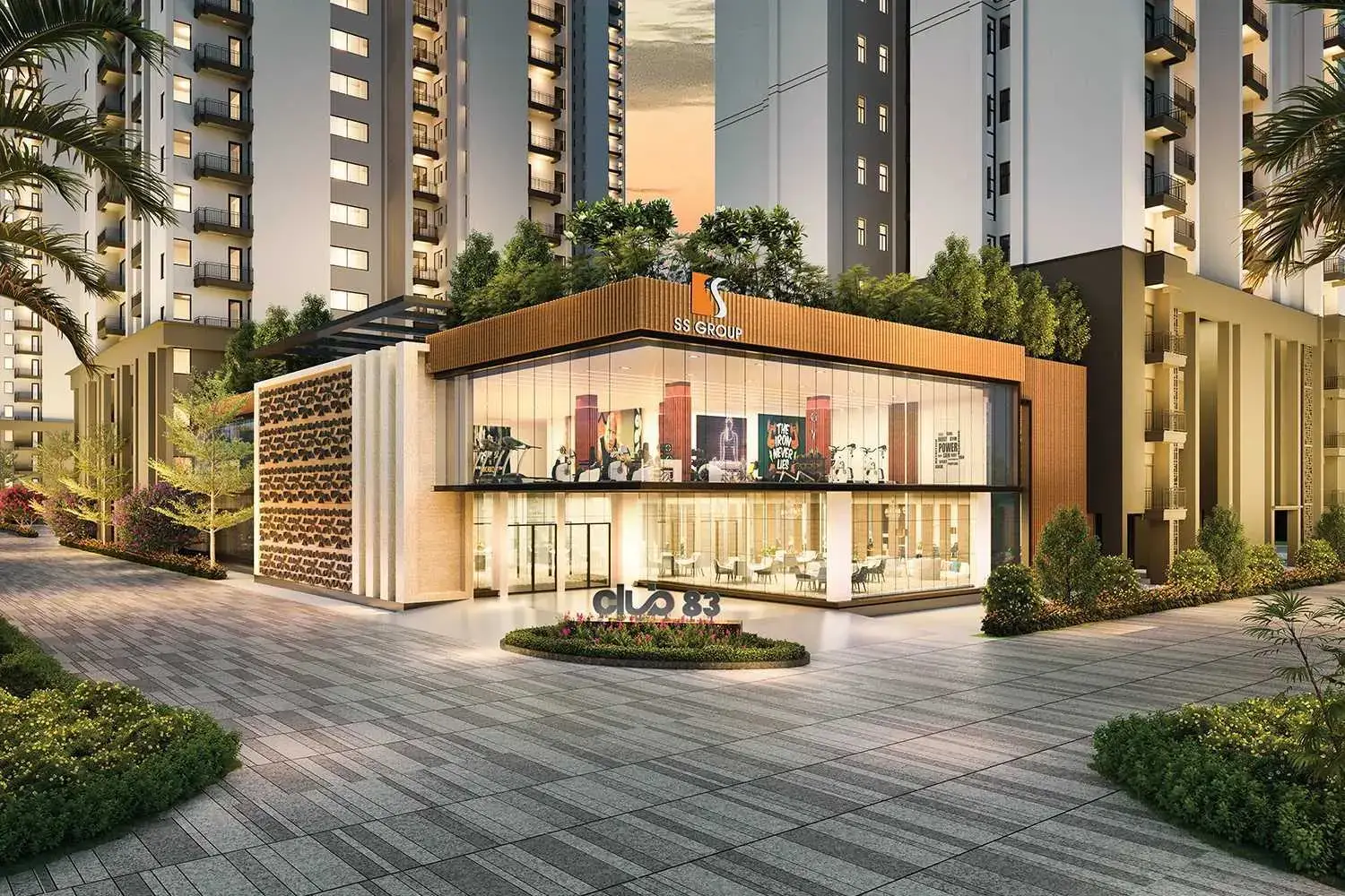 Modern building with glass facade and wooden accents, surrounded by greenery and tall residential towers.