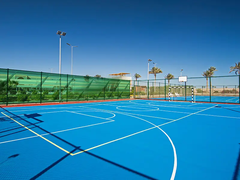 Bright blue multi-use sports court with basketball hoop and palm trees in background