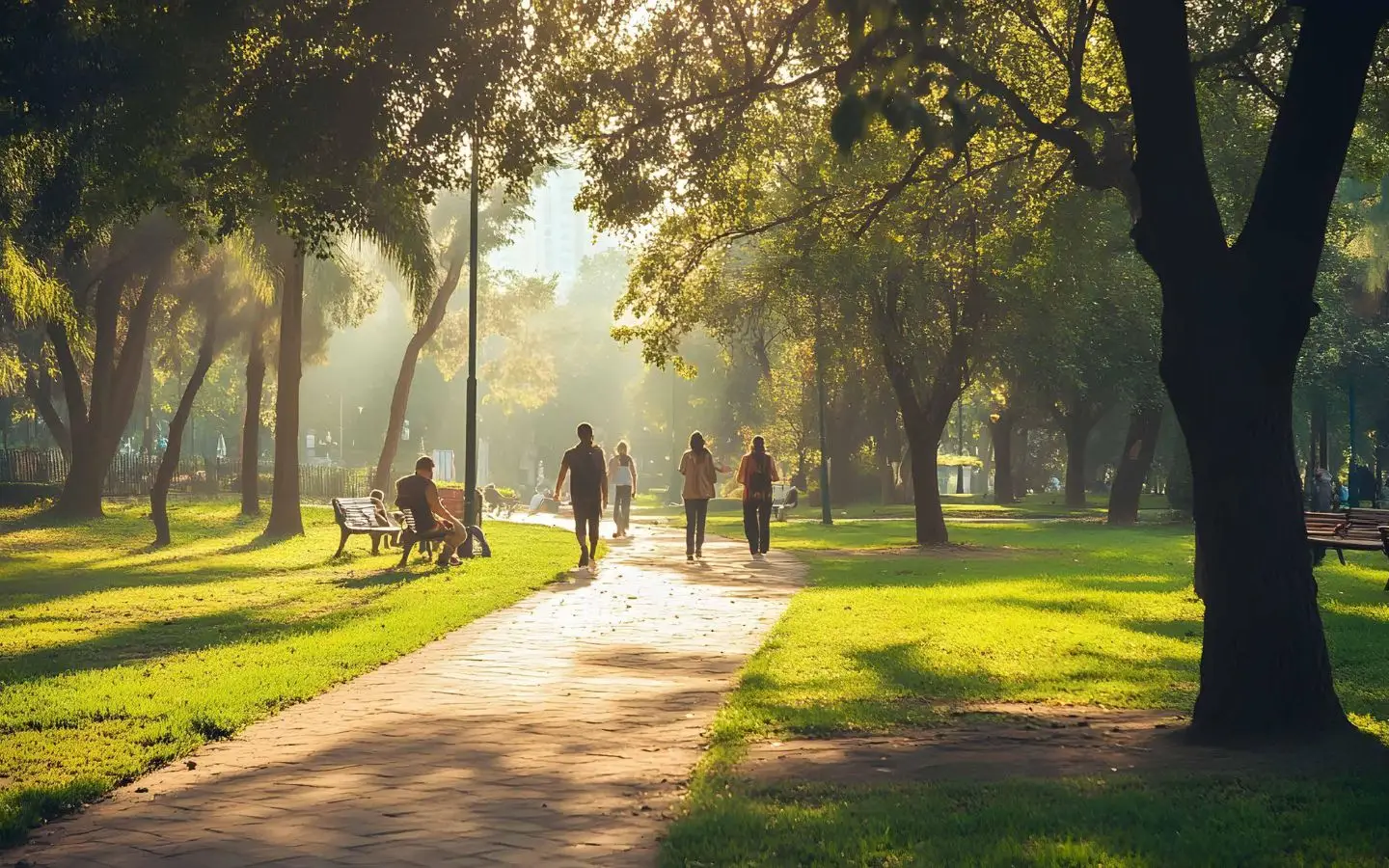 People walking along a sunlit path in a green park with trees and benches.