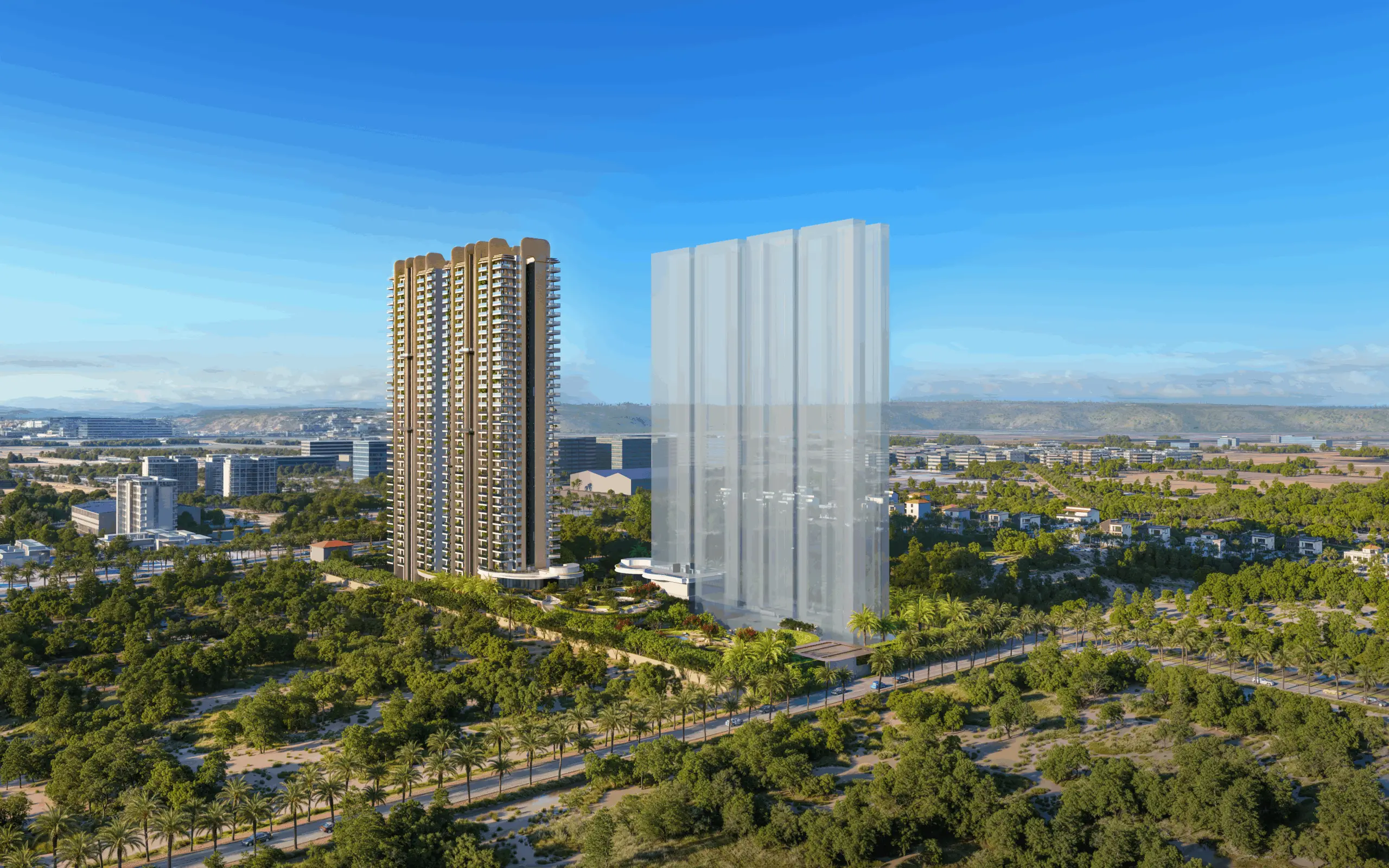 Two modern residential towers amidst green landscaping and a clear blue sky.